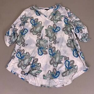 a.Jesdani Tunic Top Womens 3X Paisley Blue Teal V-Neck 3/4 Sleeve Stretch Blouse